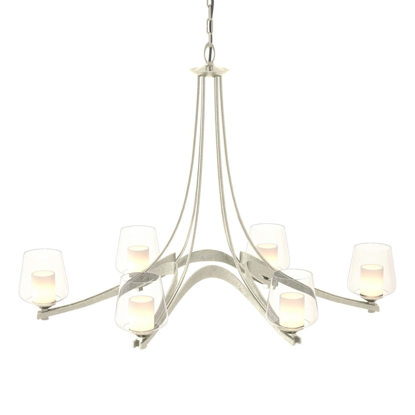 Hubbardton Forge Ribbon Six Light Chandelier with elegant curved metal arms and six candle-style light fixtures.