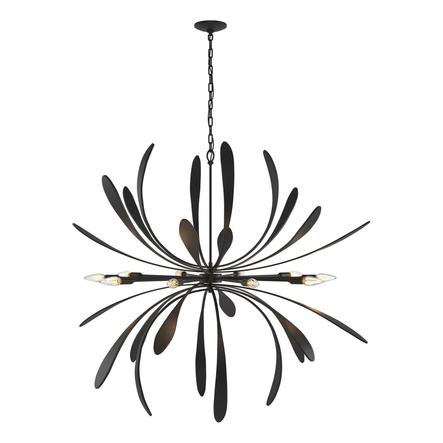 Hubbardton Forge Dahlia Ten Light Chandelier showcasing a modern lighting design with elegant metal and glass details.