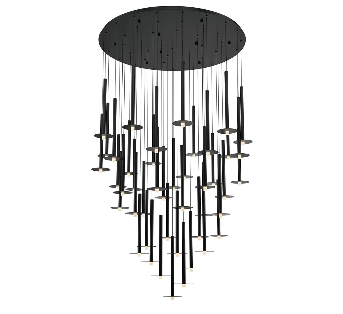 Lib & Co. LED chandelier with modern lighting design featuring sleek, illuminated round discs hanging from a minimalist frame.