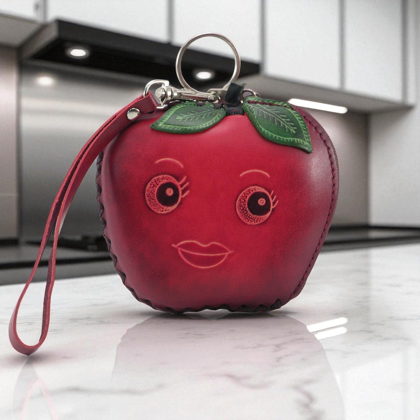 Genuine Handmade Leather Apple-shaped Coin Purse, Wallet , Wristlet ,Smile Face Coin Pouch, Fruit-themed Coin Wallet