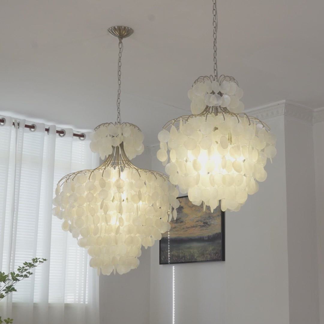 Tiered Capiz Shell Chandelier: Elegant French Style Hanging Lighting