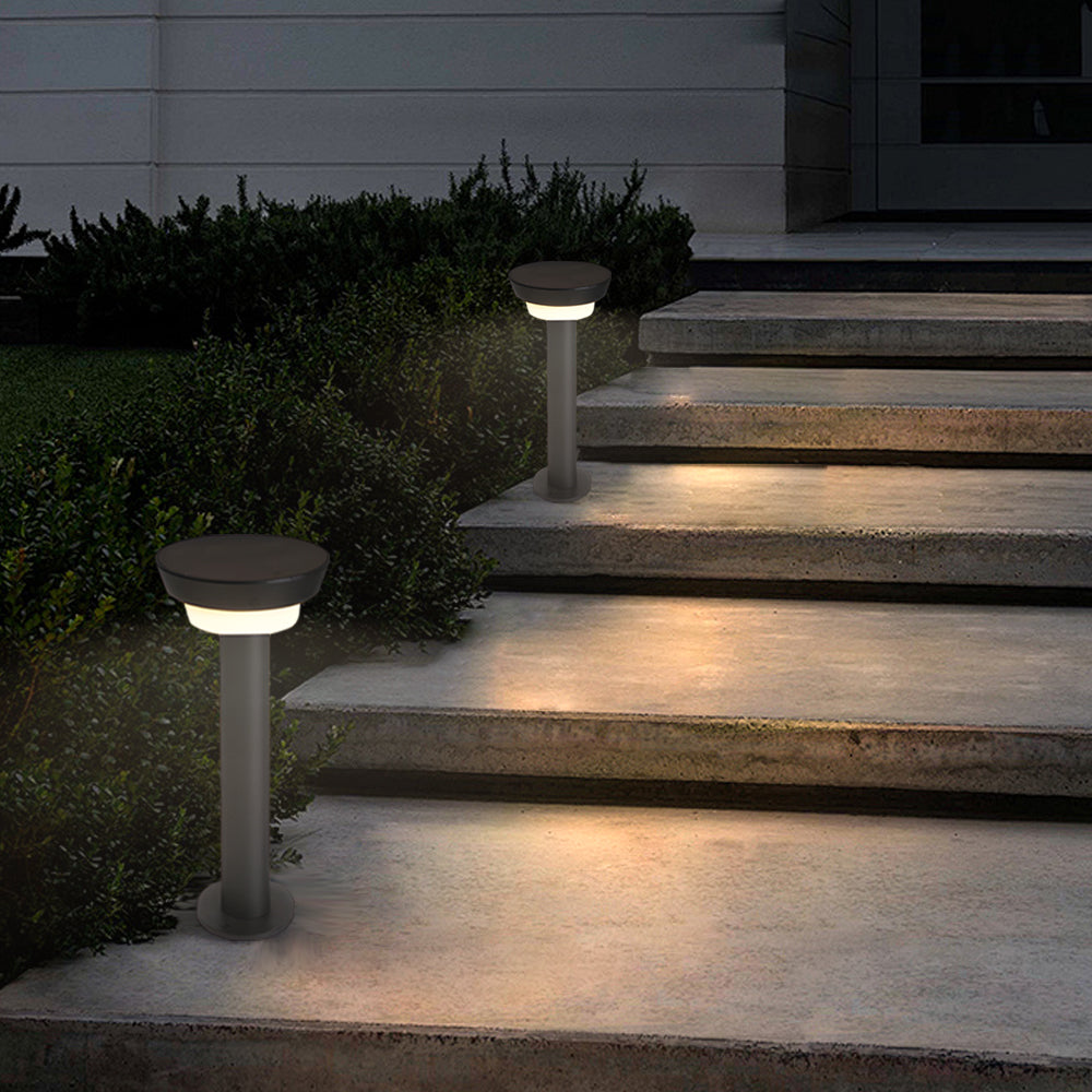 Modern Black Round LED Solar Outdoor Path Light with Stake - Garden Bollard Light