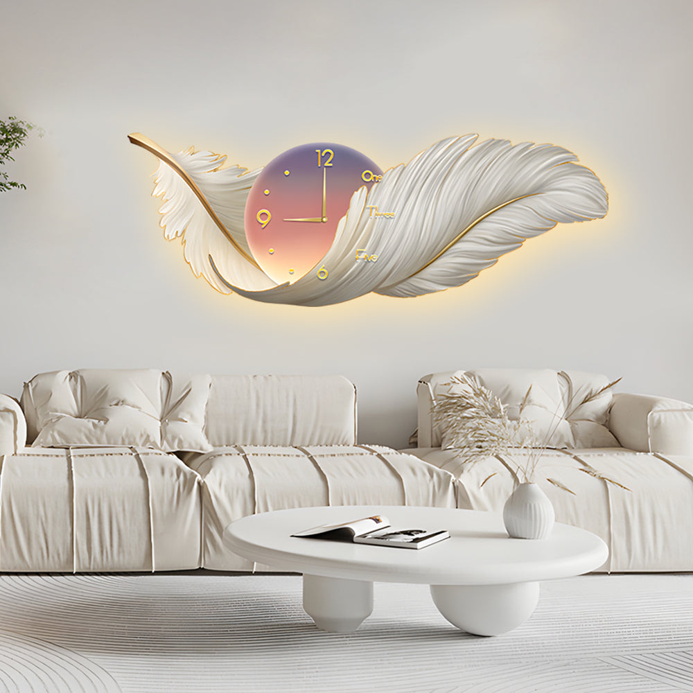 2-In-1 Wall Feather Painting Hanging Decor LED Wall Lamp Wall Clock