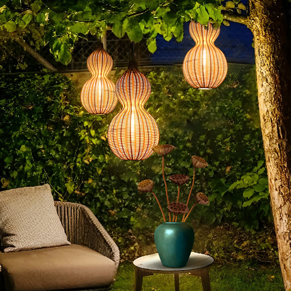 Woven Rattan Gourd Hanging Lamp Outdoor Pendant Light for Patio