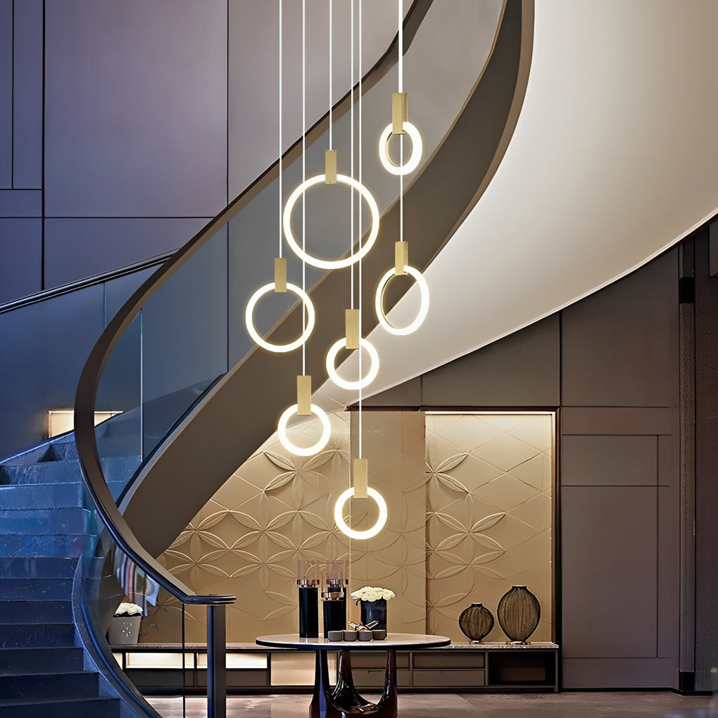 Minimalist Rings Stepless Dimming LED Nordic Duplex Stair Chandelier