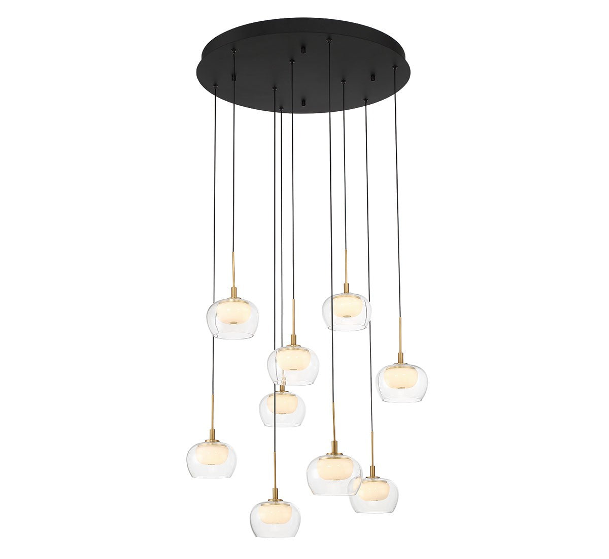 Lib & Co. Manarola LED chandelier with modern lighting design featuring multiple LED bulbs and sleek metal frame.