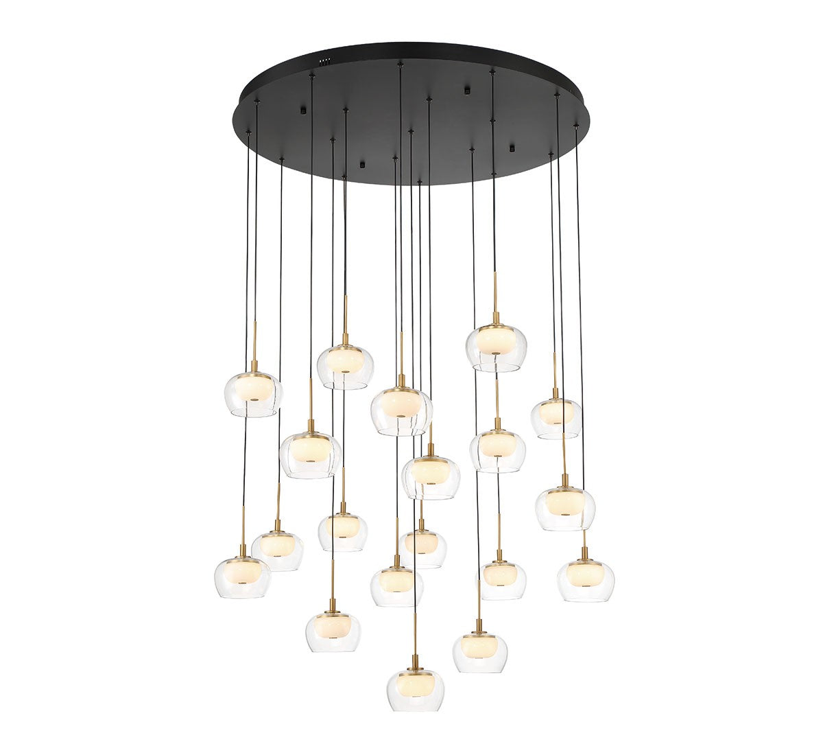 Lib & Co. Manarola LED chandelier with modern lighting design featuring multiple illuminated glass orbs.