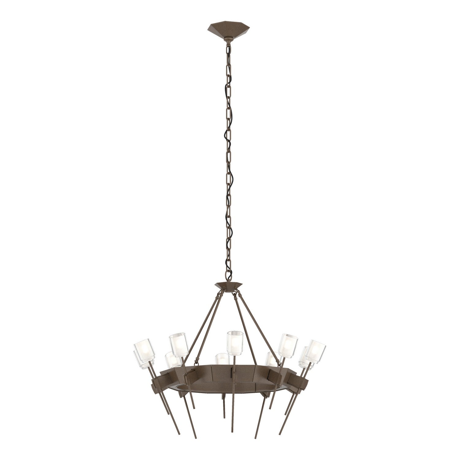Hubbardton Forge Echo Ten Light Chandelier with sleek metal frame and ten elegant glass light fixtures, modern lighting design.