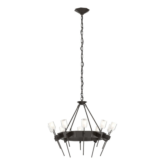 Hubbardton Forge Echo Ten Light Chandelier with sleek metal frame and ten illuminated glass light fixtures, modern lighting design.