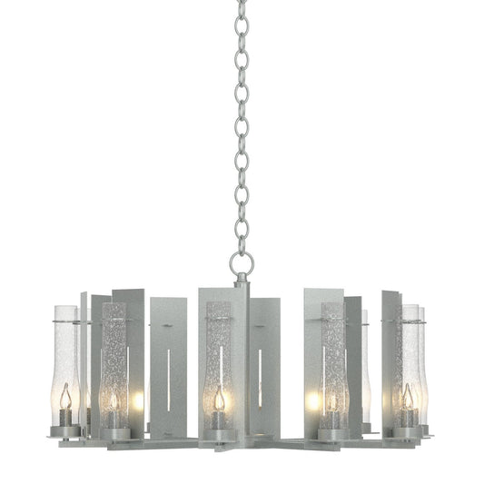 Hubbardton Forge New Town Ten Light Chandelier with elegant black metal frame and multiple candle-style lights for sophisticated lighting.