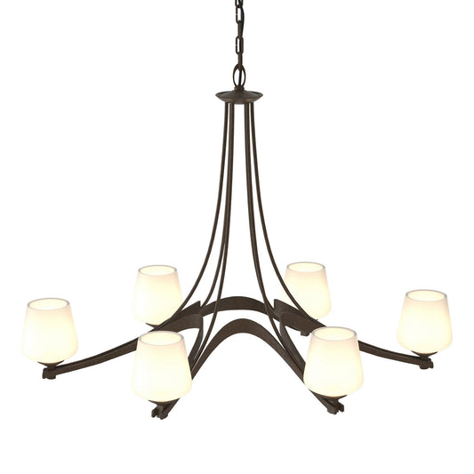 Hubbardton Forge Ribbon Six Light Chandelier with sleek metal design and six candle-style lights hanging from a modern lighting fixture