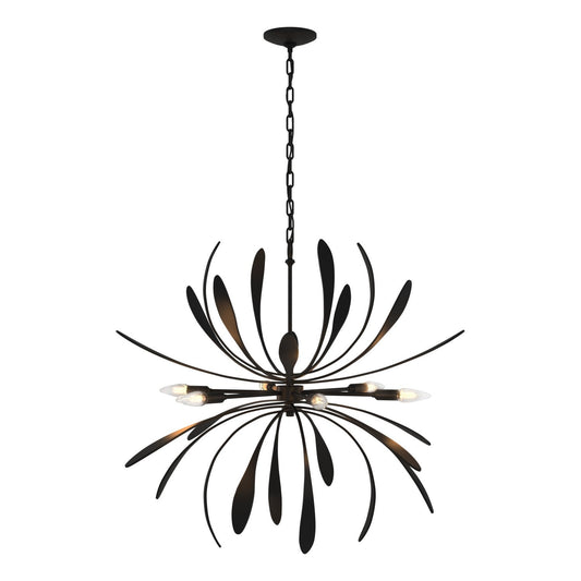 Hubbardton Forge Dahlia six-light chandelier with elegant metal frame and glass shades, showcasing modern lighting design.