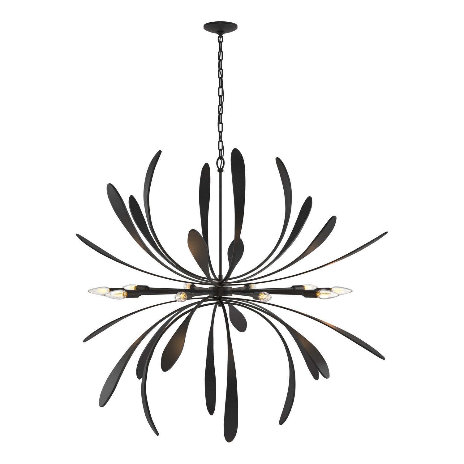 Hubbardton Forge Dahlia Ten Light Chandelier showcasing a modern lighting design with elegant metal and glass details.