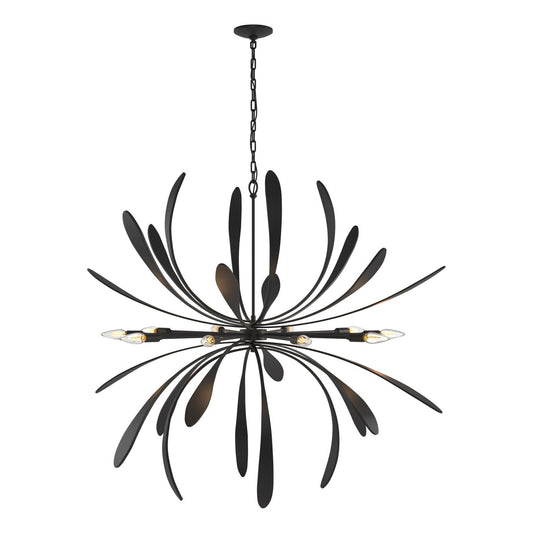 Hubbardton Forge Dahlia Ten Light Chandelier showcasing a modern lighting design with elegant metal and glass details.