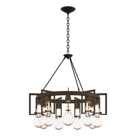 Hubbardton Forge Apothecary Nine Light Chandelier hanging with nine glass shades in a stylish lighting design.