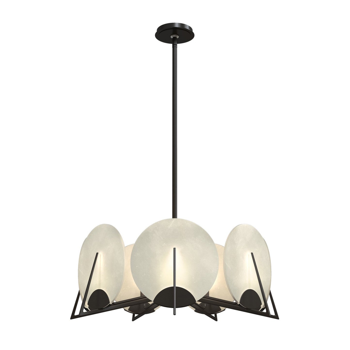 Hubbardton Forge Callisto Seven Light Pendant chandelier with seven glass shades hanging from a sleek metal frame.