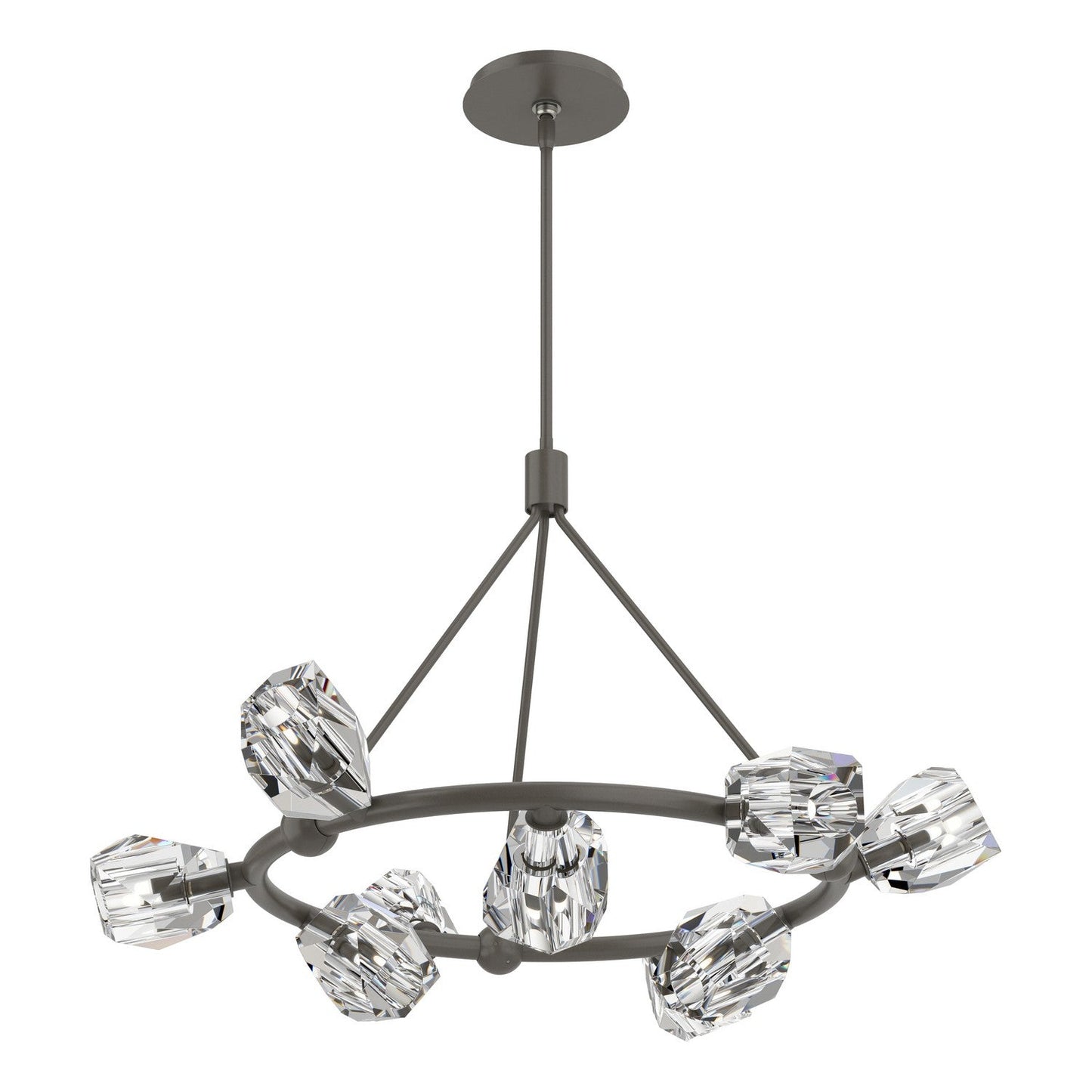 Hubbardton Forge Gatsby Nine Light Pendant chandelier with modern lighting design, featuring nine elegant glass shades and a sleek metal frame.