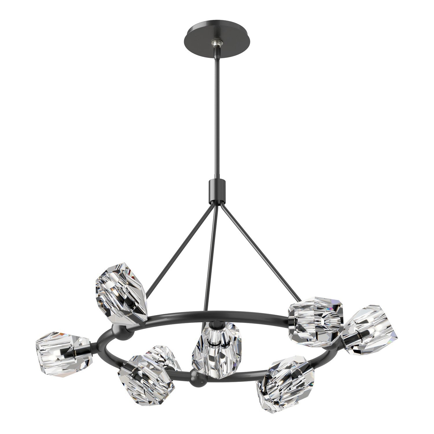 Hubbardton Forge Gatsby Nine Light Pendant chandelier with nine glass shades and sleek metal frame, modern lighting design.