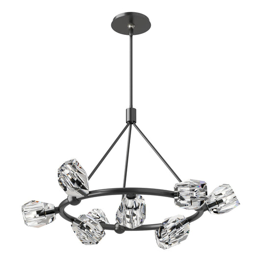Hubbardton Forge Gatsby Nine Light Pendant chandelier with nine glass shades and sleek metal frame, modern lighting design.