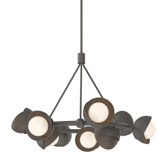 Hubbardton Forge Brooklyn Nine light pendant chandelier with nine glass shades and sleek metal frame, modern lighting design.