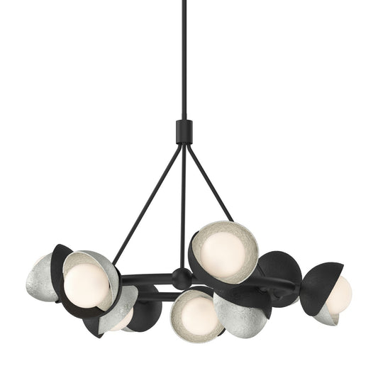 Hubbardton Forge Brooklyn Nine light pendant chandelier with nine glass shades, modern lighting design for contemporary interiors.