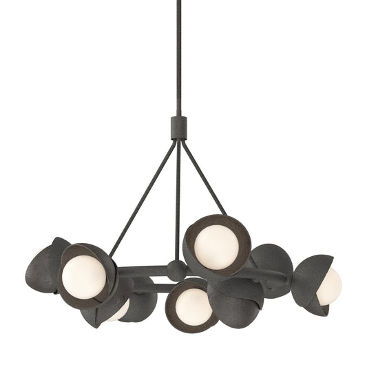 Hubbardton Forge Brooklyn Nine light pendant chandelier with nine glass shades and sleek metal design in a modern lighting fixture.