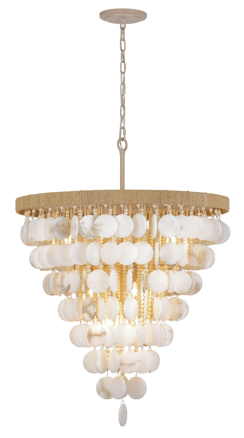 Aurelia's Cove 12-light pendant chandelier by Metropolitan, featuring a modern lighting design with multiple glass shades hanging from a sleek frame.