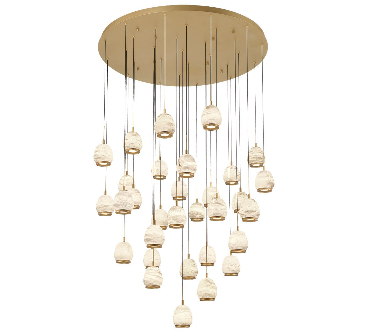 Lib & Co. Lucidata LED chandelier with modern lighting design, featuring multiple illuminated LED bulbs and sleek metal fixtures.