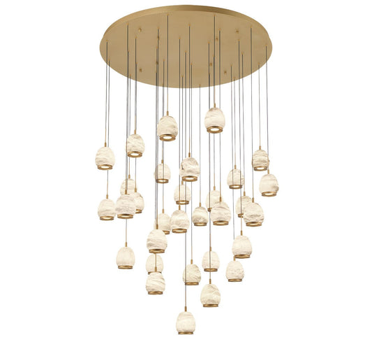 Lib & Co. Lucidata LED chandelier with modern lighting design, featuring multiple illuminated LED bulbs and sleek metal fixtures.