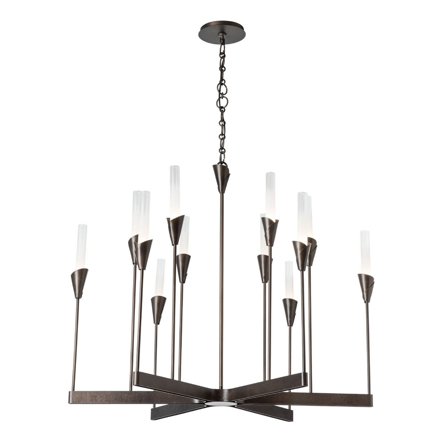 Hubbardton Forge Lilium 12-light chandelier with elegant metal frame and multiple glass shades, designed for sophisticated lighting.