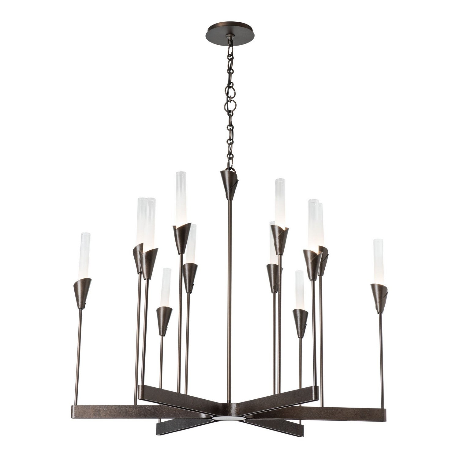 Hubbardton Forge Lilium 12-light chandelier with elegant metal frame and multiple glass shades, designed for sophisticated lighting.