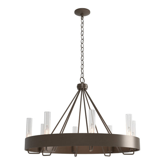 Hubbardton Forge Banded Eight Light Chandelier showcasing elegant lighting design with eight lights and a modern metal frame.