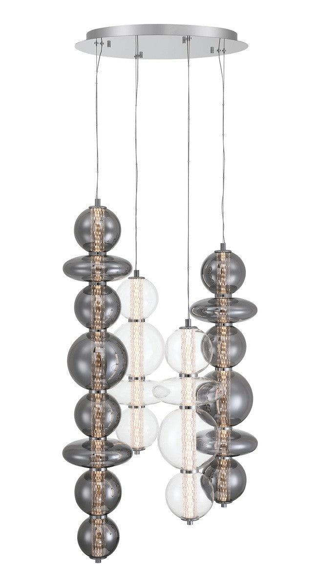 Eurofase four light chandelier with modern lighting design featuring sleek metal and glass shades for elegant home illumination.