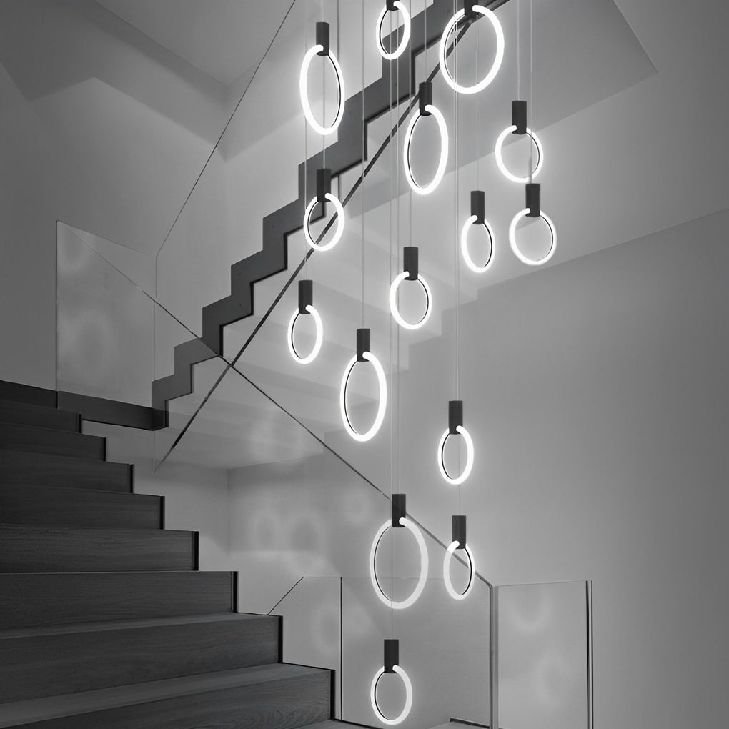 Minimalist Rings Stepless Dimming LED Nordic Duplex Stair Chandelier