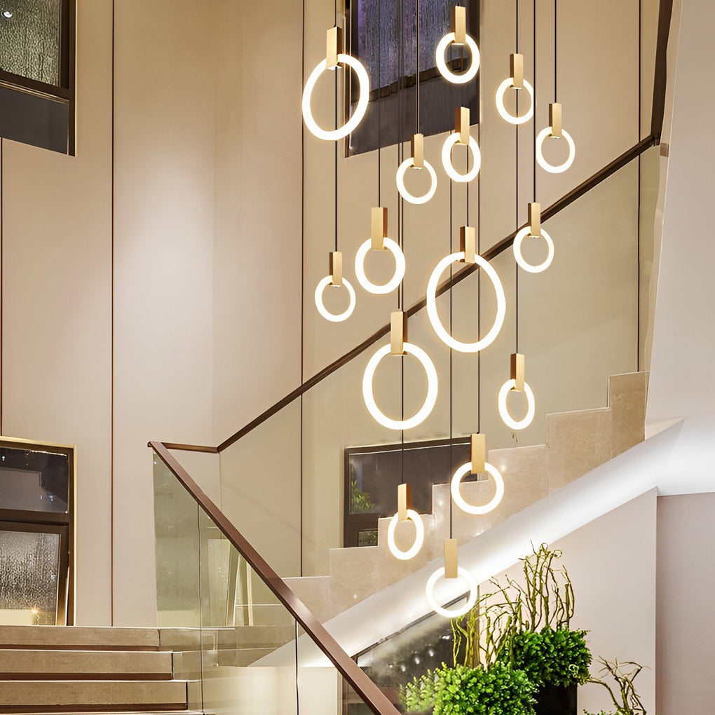 Minimalist Rings Stepless Dimming LED Nordic Duplex Stair Chandelier