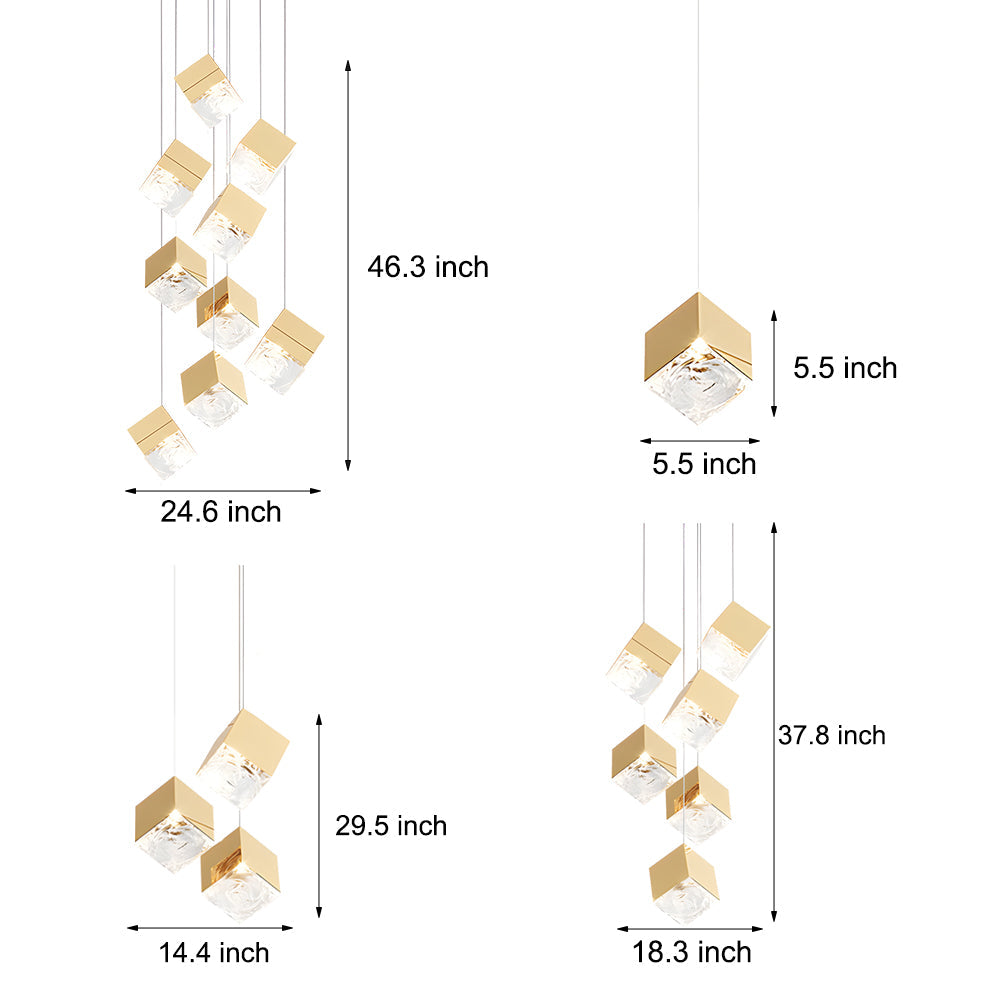 1/3/6/9-Light Multi Glass Ice Cube Metallic Staircase Chandelier in Gold/Chrome