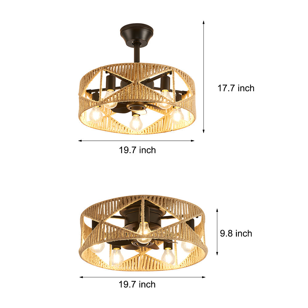 20-in Hemp Rope-Woven Caged Ceiling Fan with Light and Remote, 6-Speed