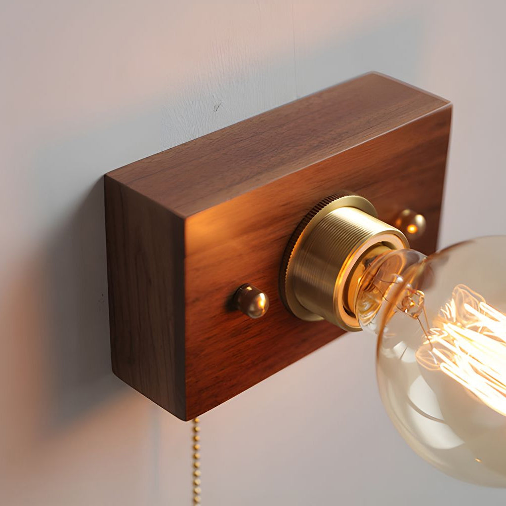 Round/Square Vintage Walnut Wood Wall Lamp 1-light with Pull Chain Switch