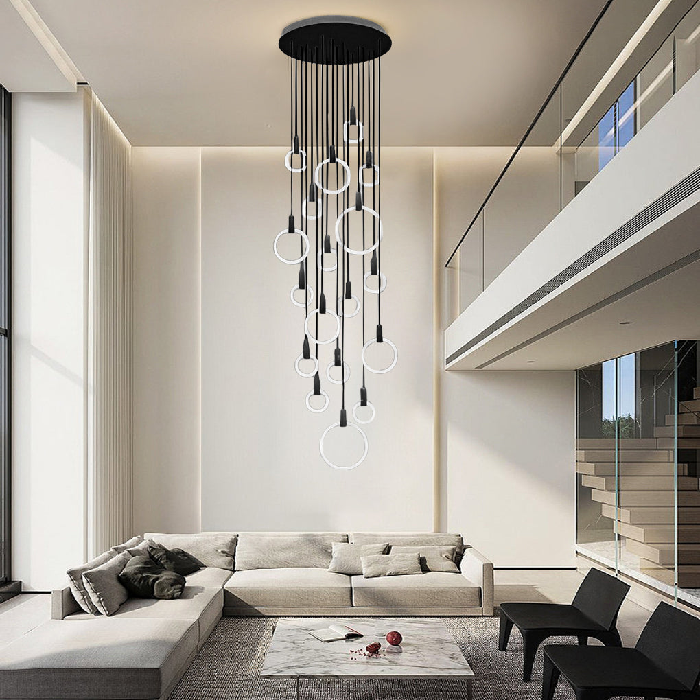 Minimalist Rings Stepless Dimming LED Nordic Duplex Stair Chandelier