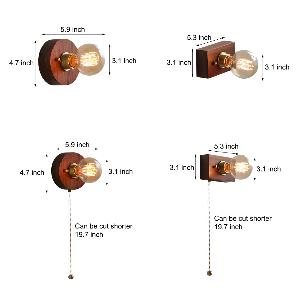 Round/Square Vintage Walnut Wood Wall Lamp 1-light with Pull Chain Switch