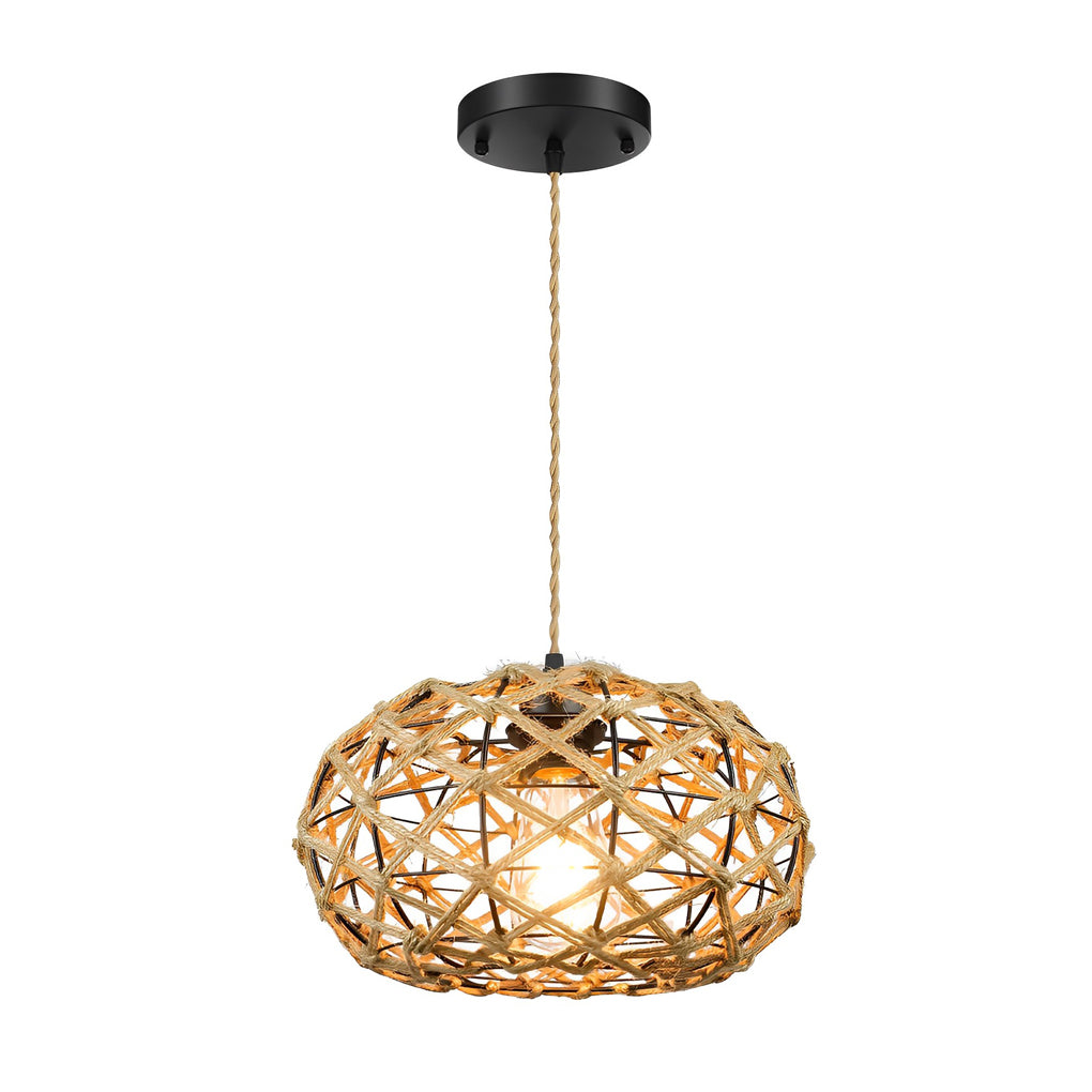 Round Hand Woven Cage Rope Beige Retro Minimalist Ceiling Light Chandelier