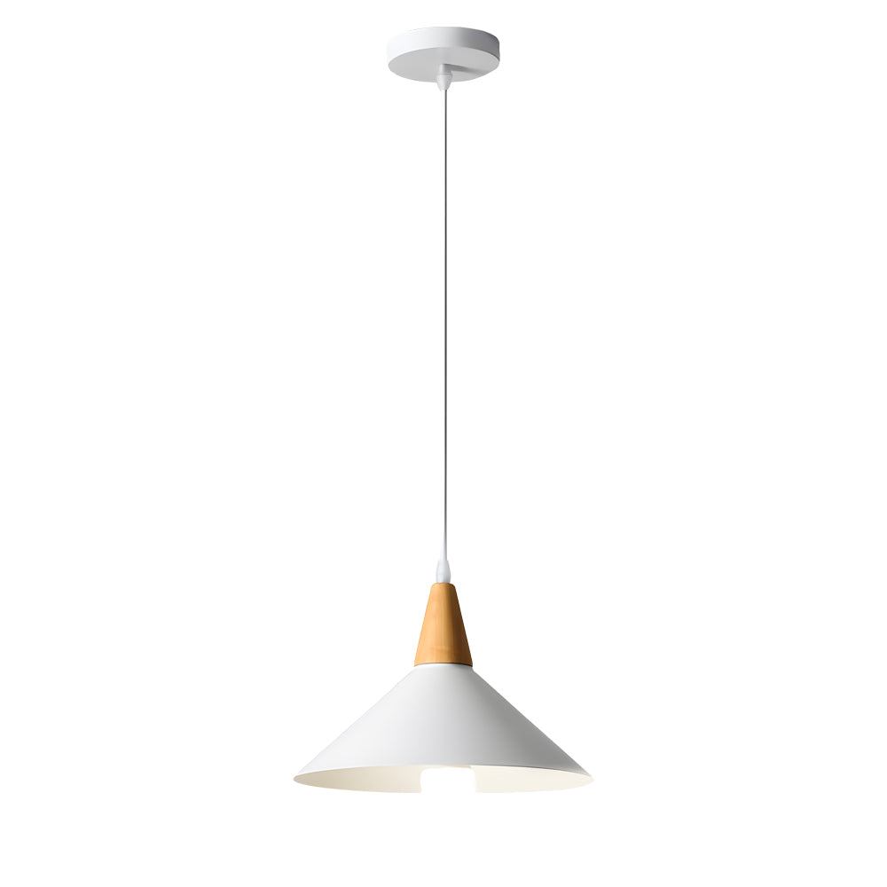 White 1-Light Nordic Metal Cone Pendant Light with Wood Top