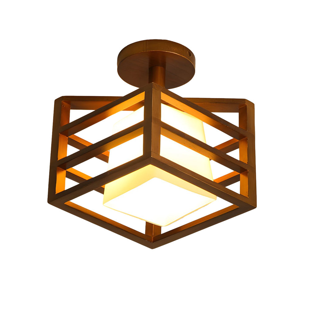 Square Walnut Wooden Frame 1-Light Semi-Flush Mount Ceiling Light