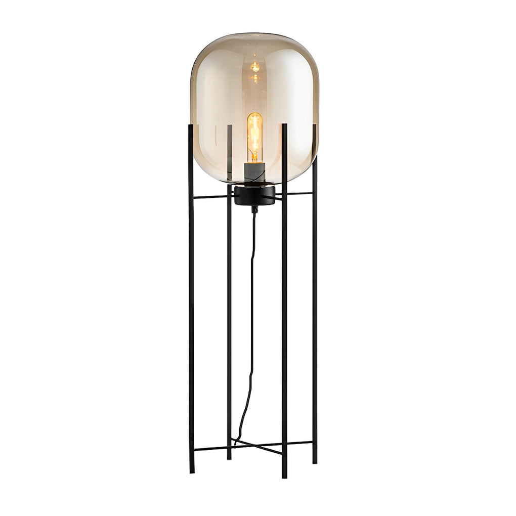 Industrial Standing Metal and Hand-blown Glass Floor Lamp