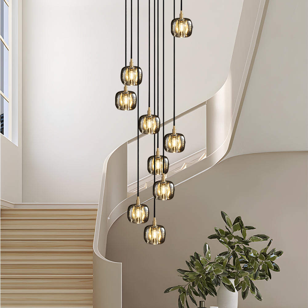 Long Spiral Cubes Crystal Pendant Light Dimmable Chandelier for Staircase