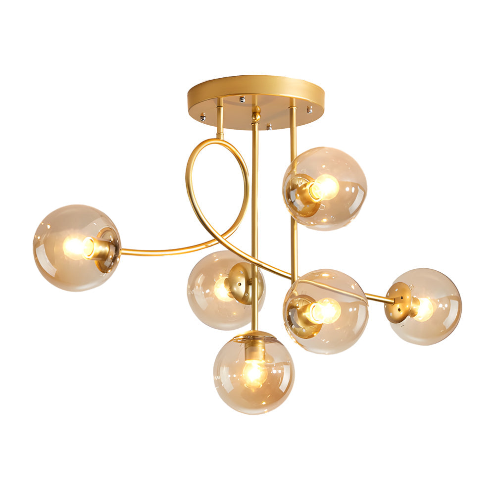 Modern 6-Light Gold/Black Semi-Flush Mount Chandelier with Glass Shade