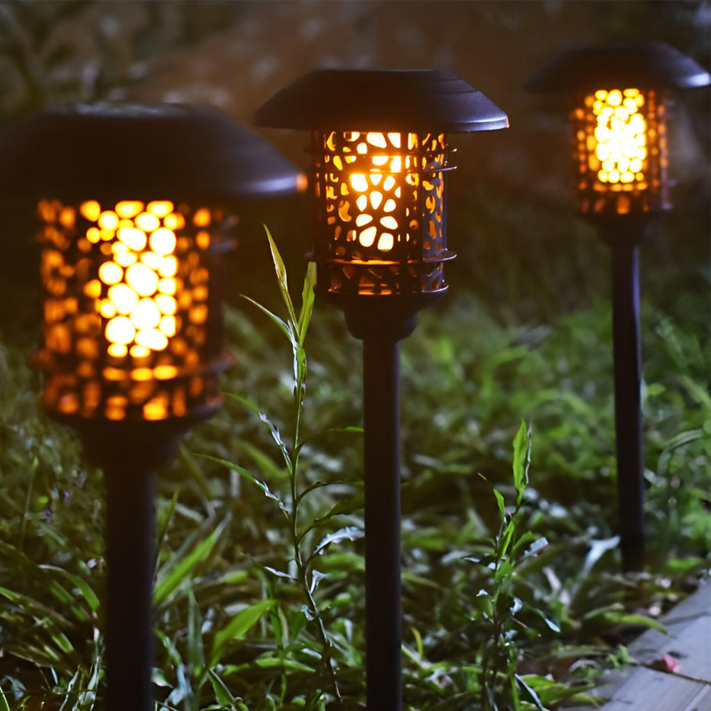 Waterproof Round Hollow LED Flame Flickering Modern Solar Lawn Lights