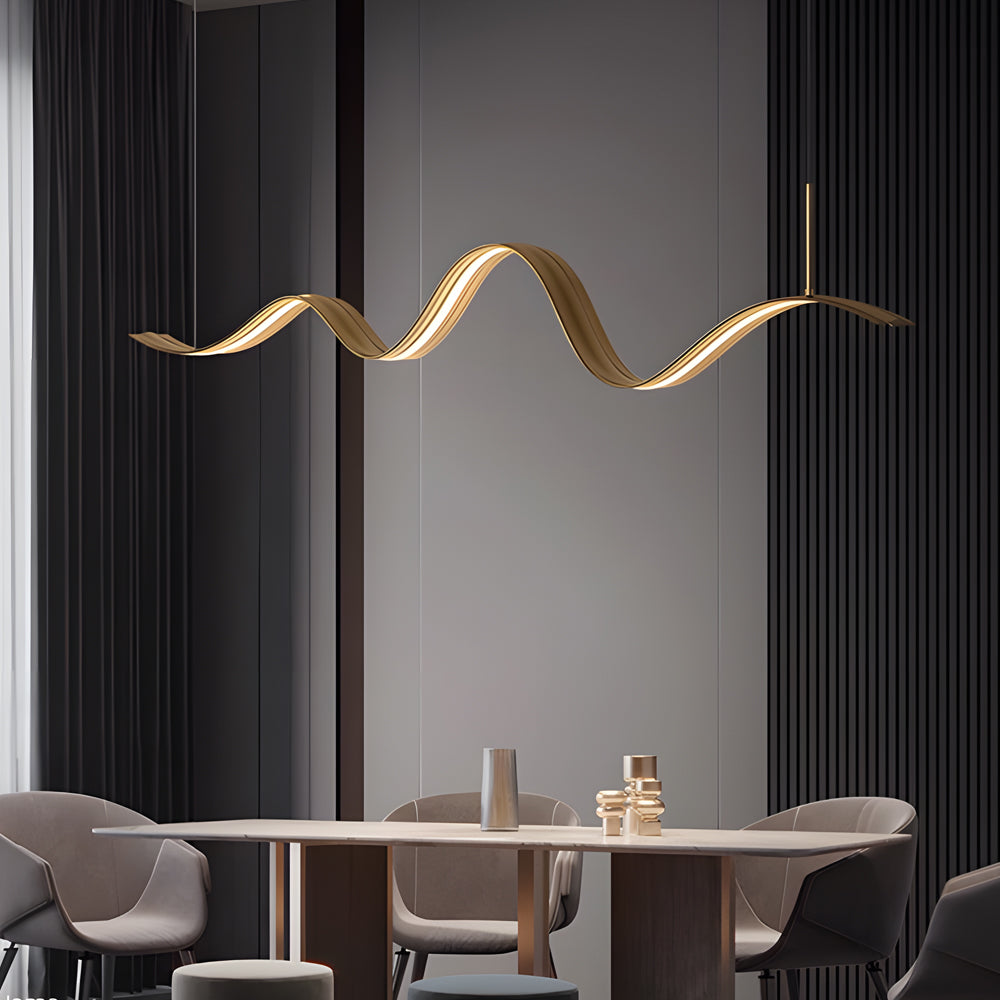 1-Light Linear LED Brass Elegant Flow Wave Pendant Light for Kitchen Island