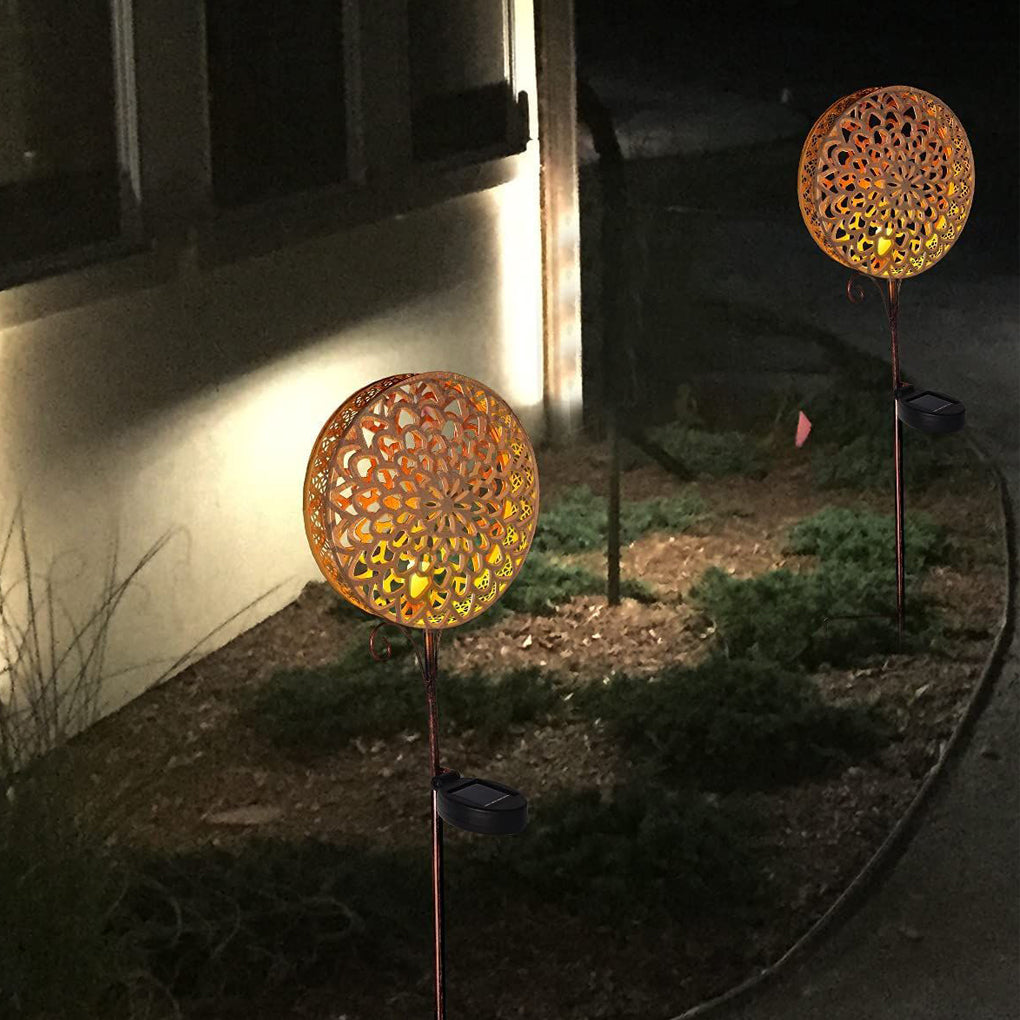 Round Iron Hollow Projection Flowers Screen Waterproof Solar Ground Lights