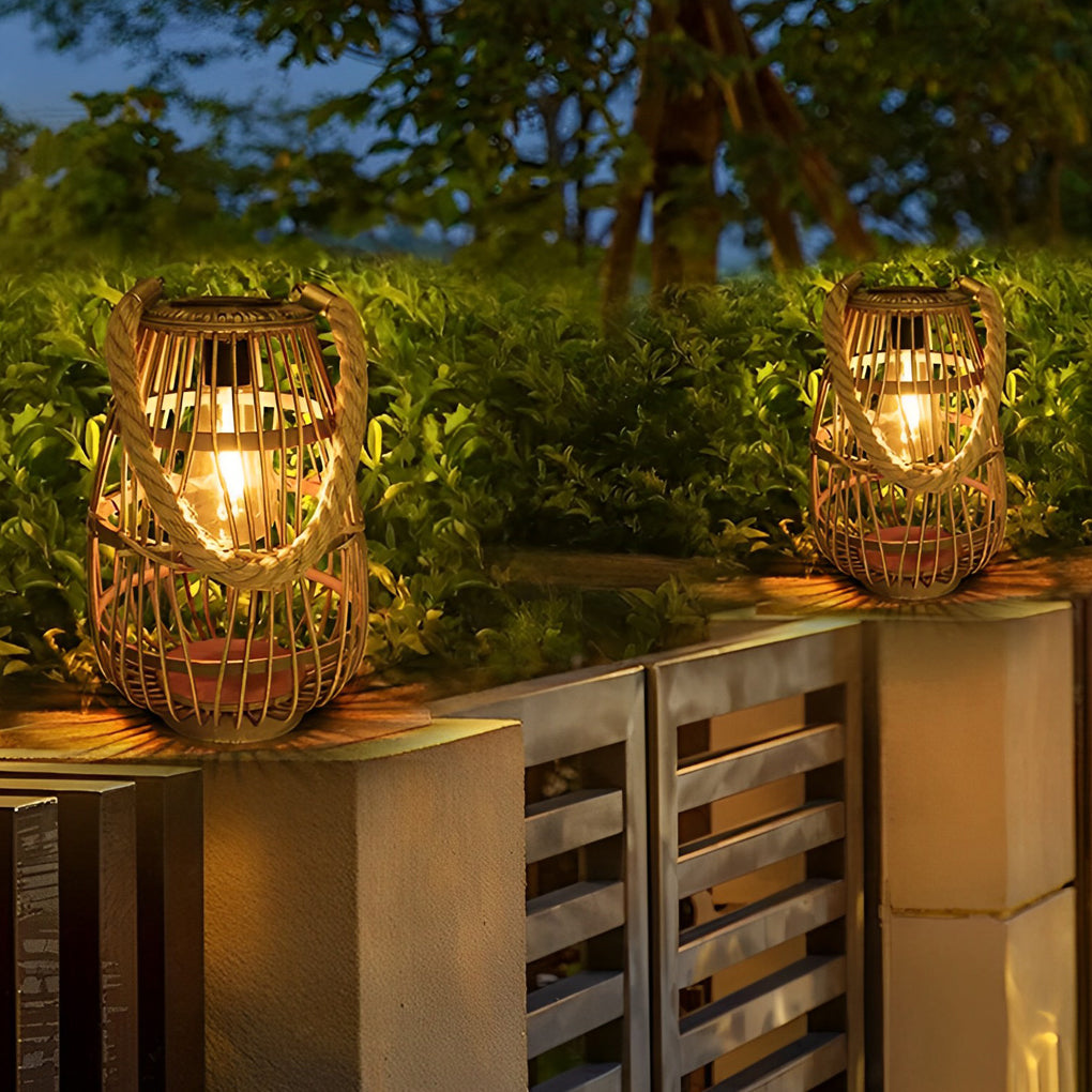 Portable Bamboo Rattan Waterproof LED Wood Retro Solar Outdoor Lanterns